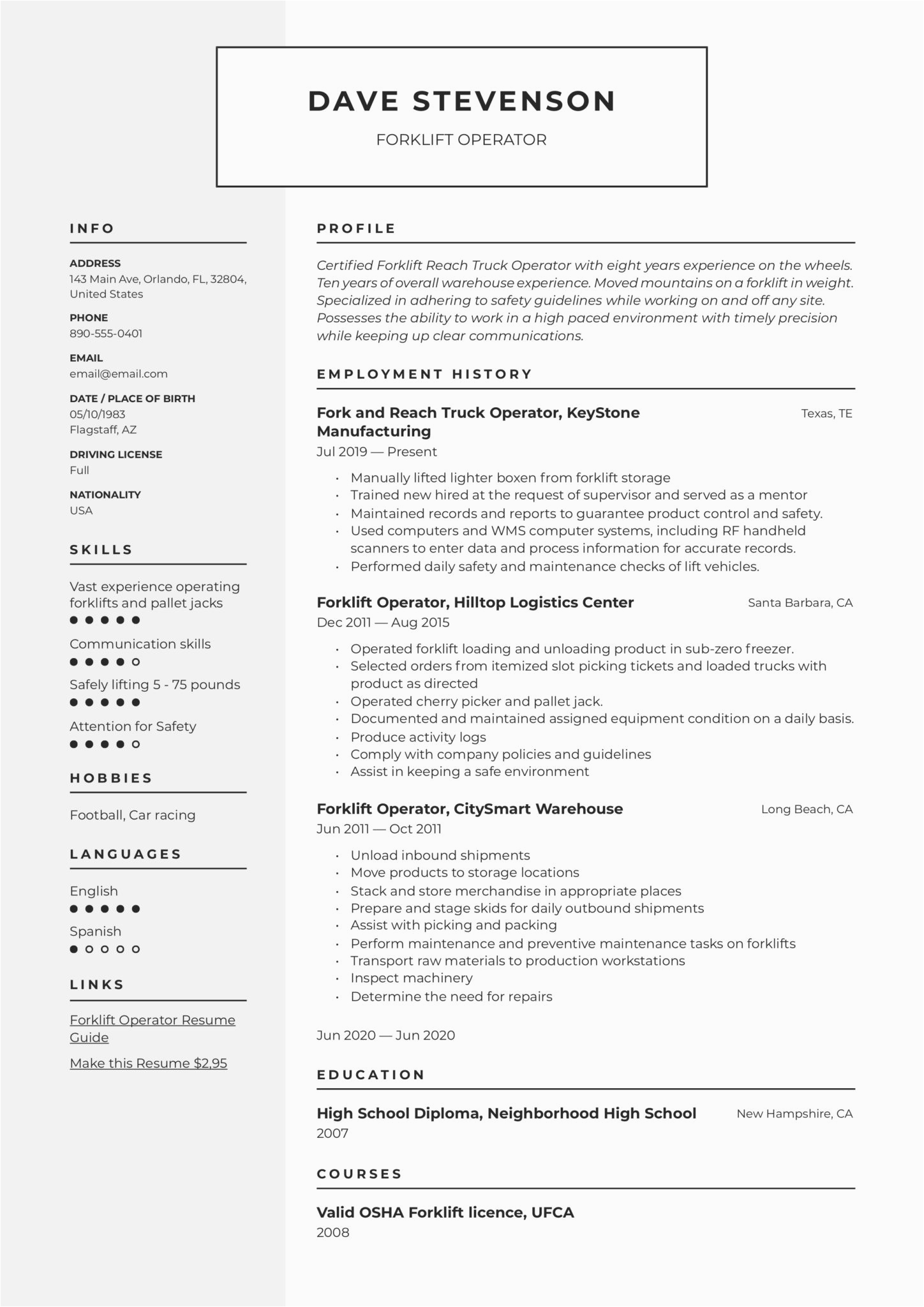 Sample Resume Objectives for forklift Operator Resume forklift Operator & Writing Guide