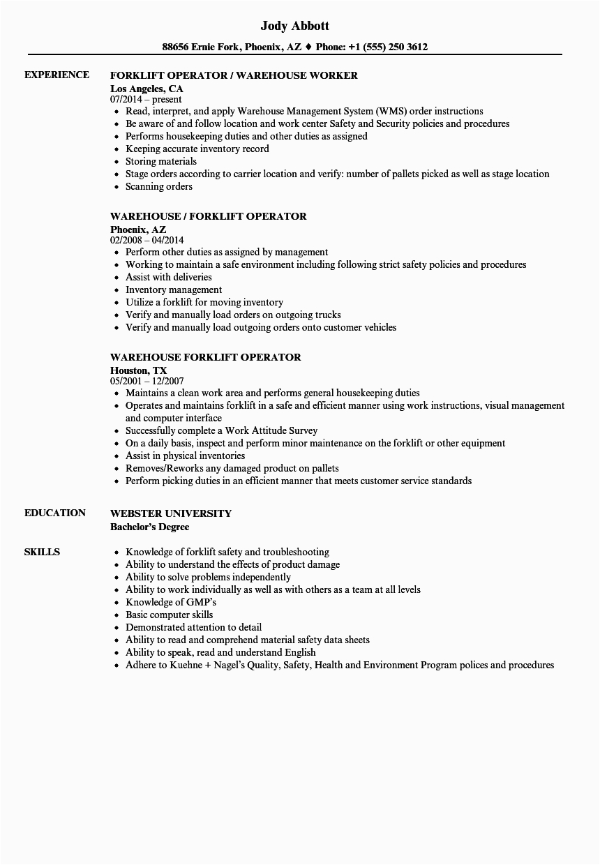 Sample Resume Objectives for forklift Operator Warehouse forklift Operator Resume Samples