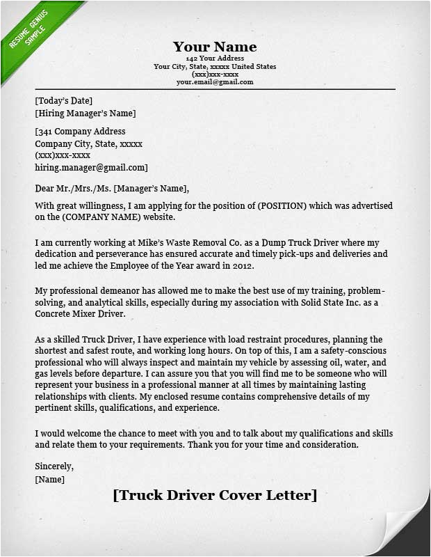 Sample Truck Driver Resume Cover Letter Truck Driver Cover Letter