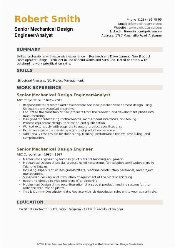 Senior Mechanical Design Engineer Resume Sample Senior Mechanical Design Engineer Resume Samples