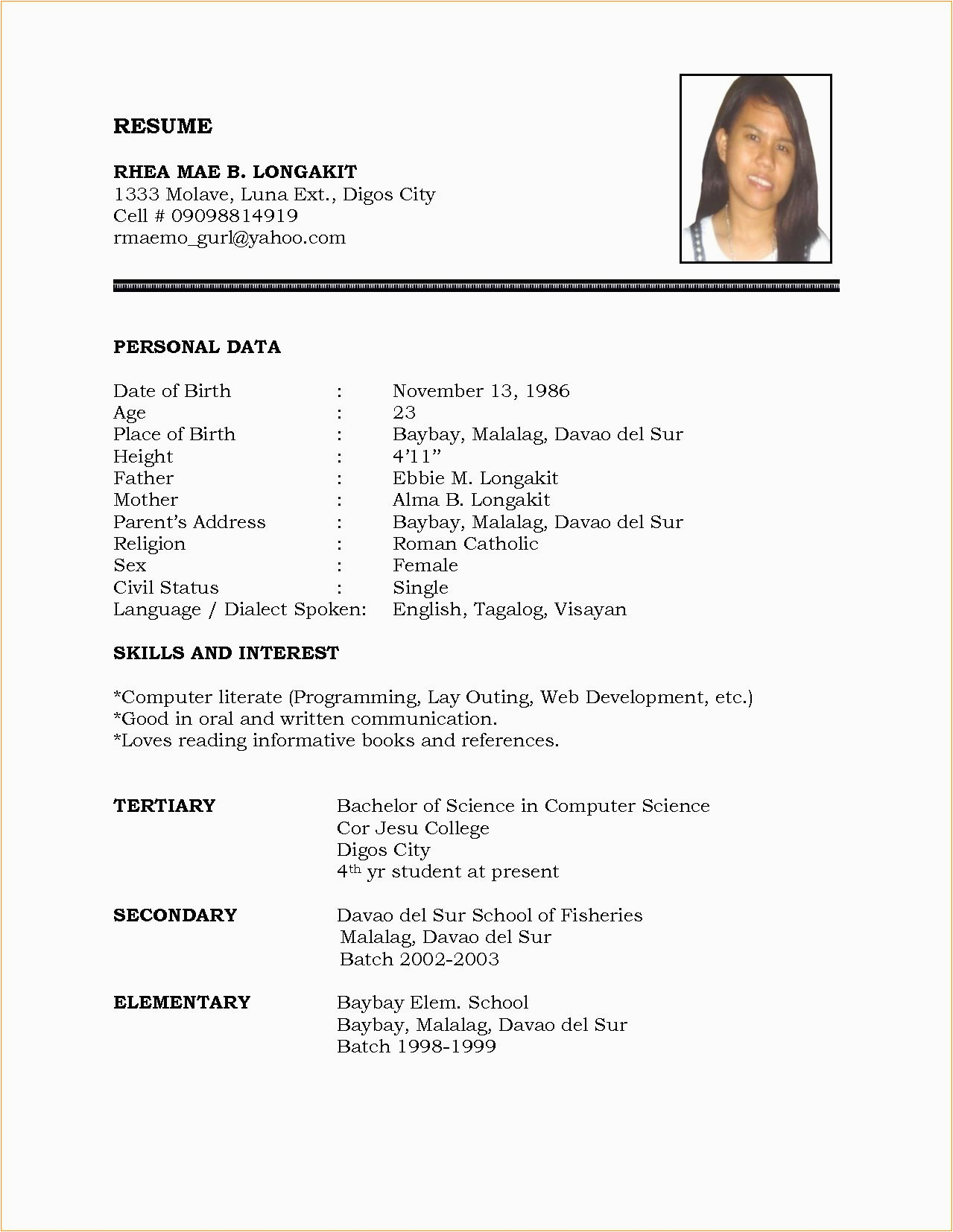 Simple Sample Of Resume for Job Application Sample Resume format for Job Application