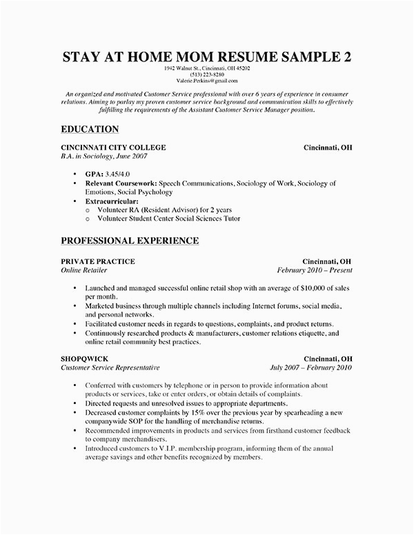 Stay at Home Parent Resume Sample Sample Resume A Stay at Home Mom