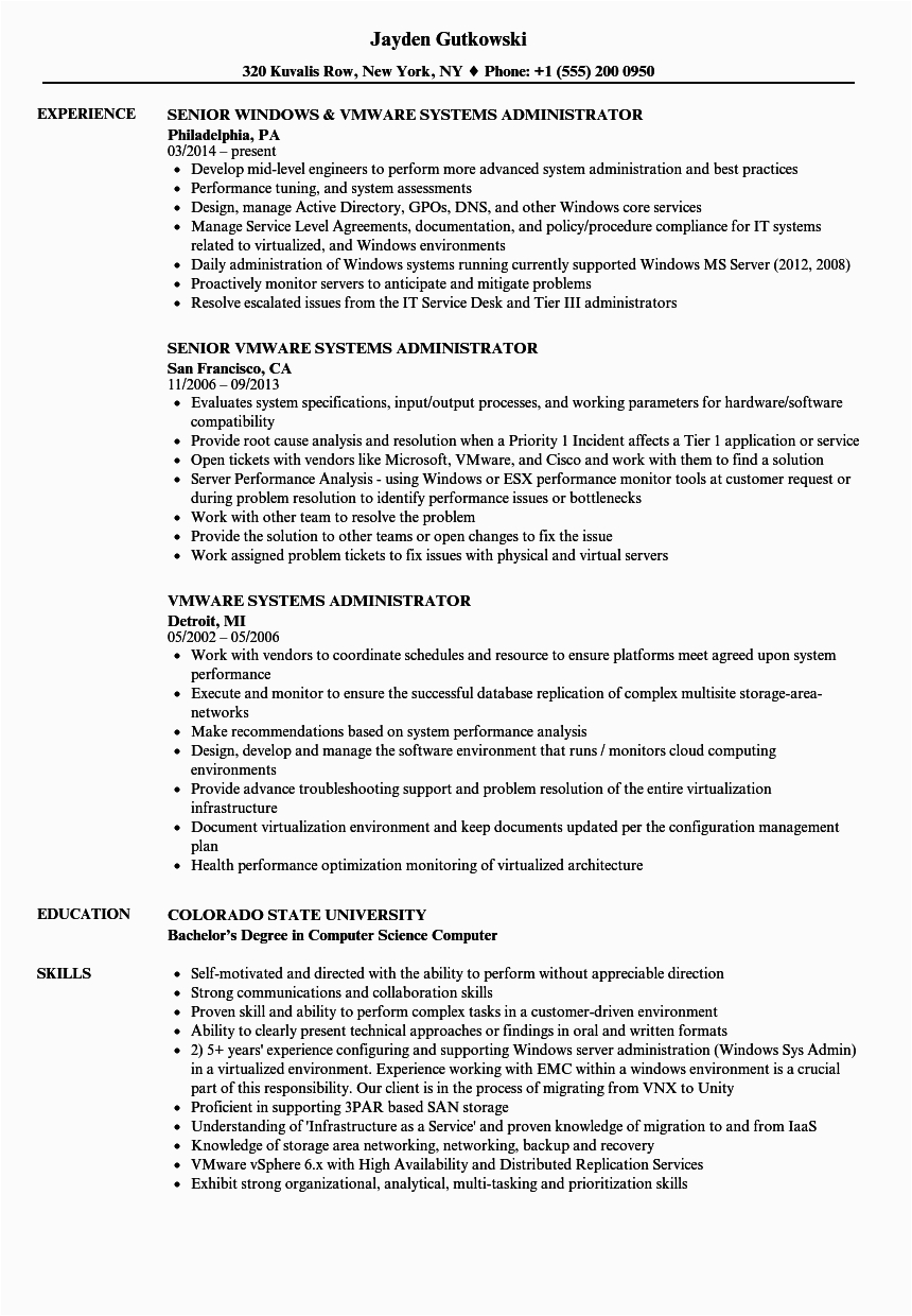 System Administrator Sample Resume 3 Years Experience Vmware Systems Administrator Resume Samples
