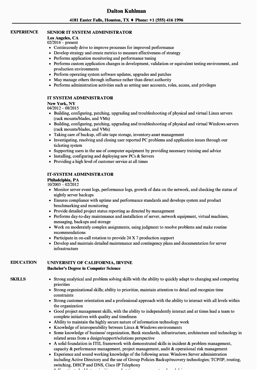 System Administrator Sample Resume 4 Years Experience It System Administrator Resume Samples