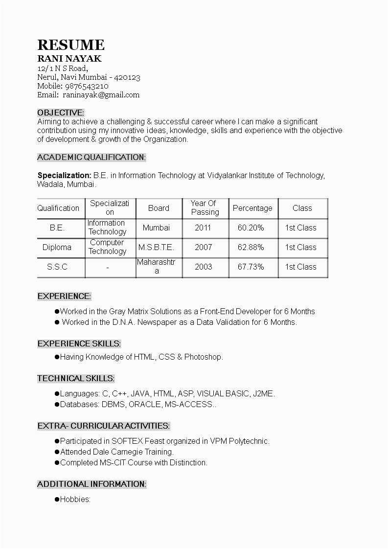 Testing Resume Sample for 1 Year Experience 1 Year Experience Resume format