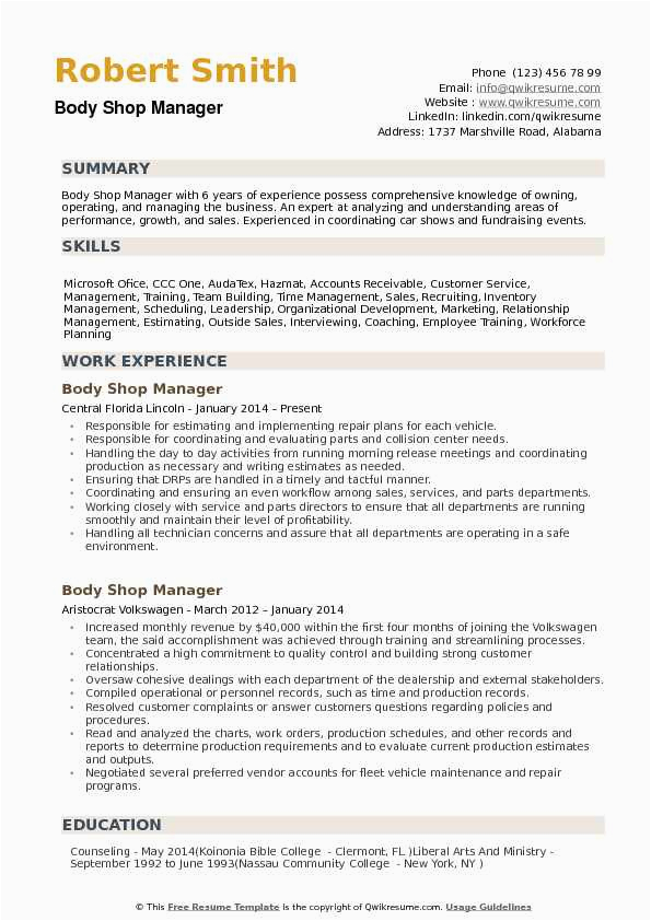 Auto Body Shop Manager Resume Sample Body Shop Manager Resume Samples