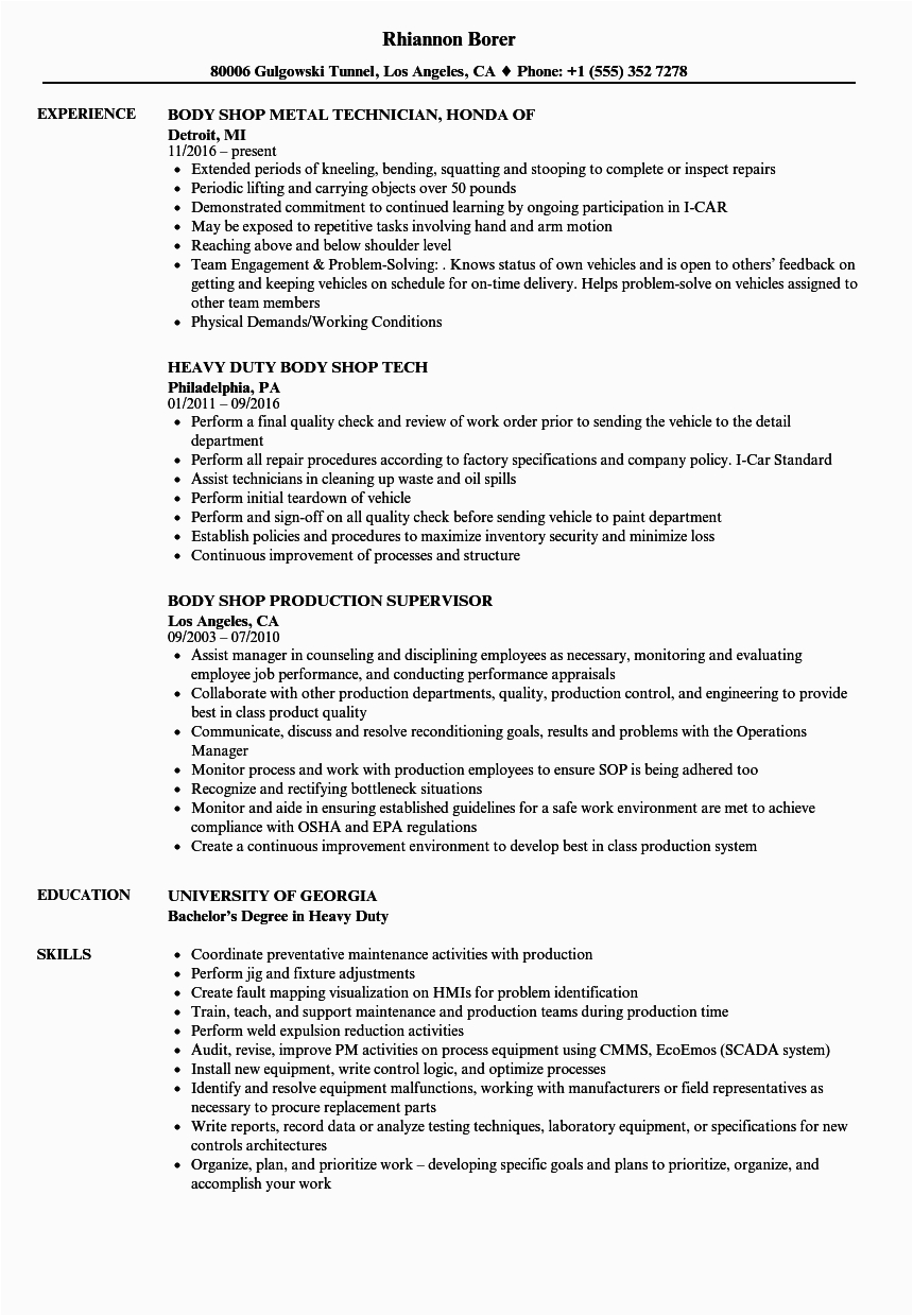 Auto Body Shop Manager Resume Sample Body Shop Resume Samples
