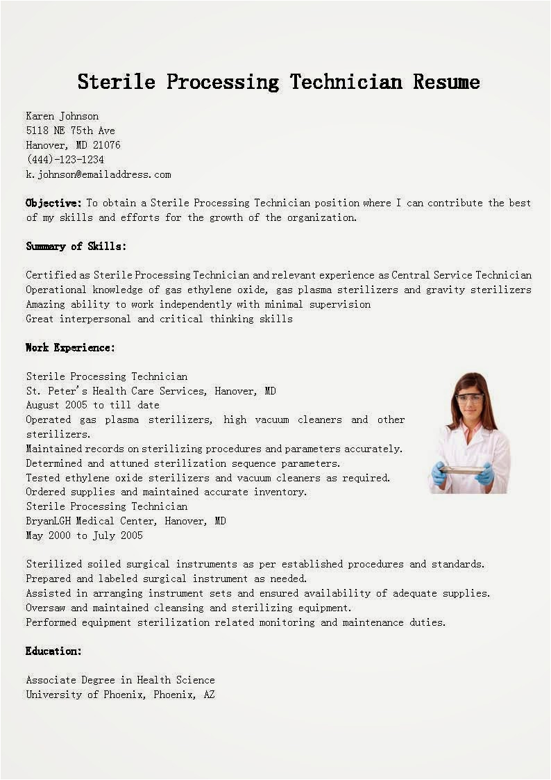 Central Sterile Processing Technician Sample Resume Resume Samples Sterile Processing Technician Resume Sample