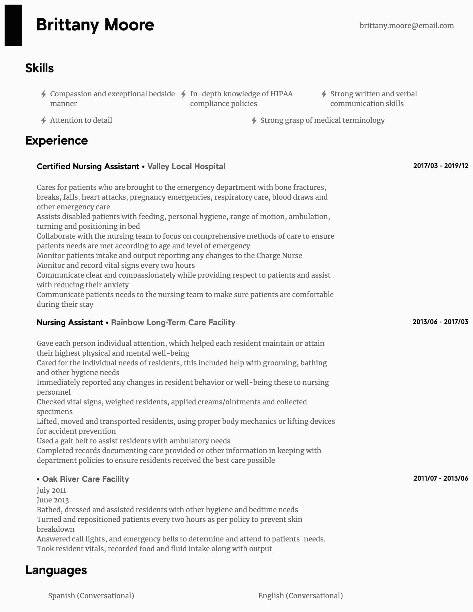 Certified Nursing assistant Resume Sample with Experience Nursing assistant Resume Samples