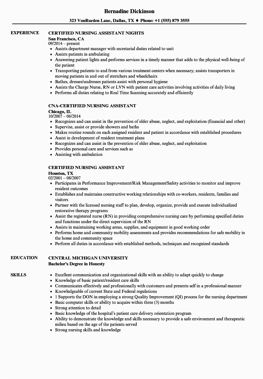 Certified Nursing assistant Resume Sample with Experience Resume Examples for Cna Mryn ism