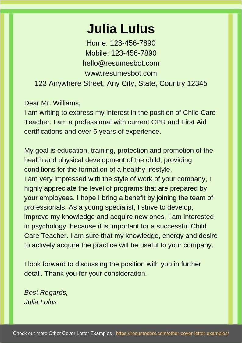 Child Care Resume Cover Letter Sample Child Care Cover Letter Samples & Templates [pdf Word
