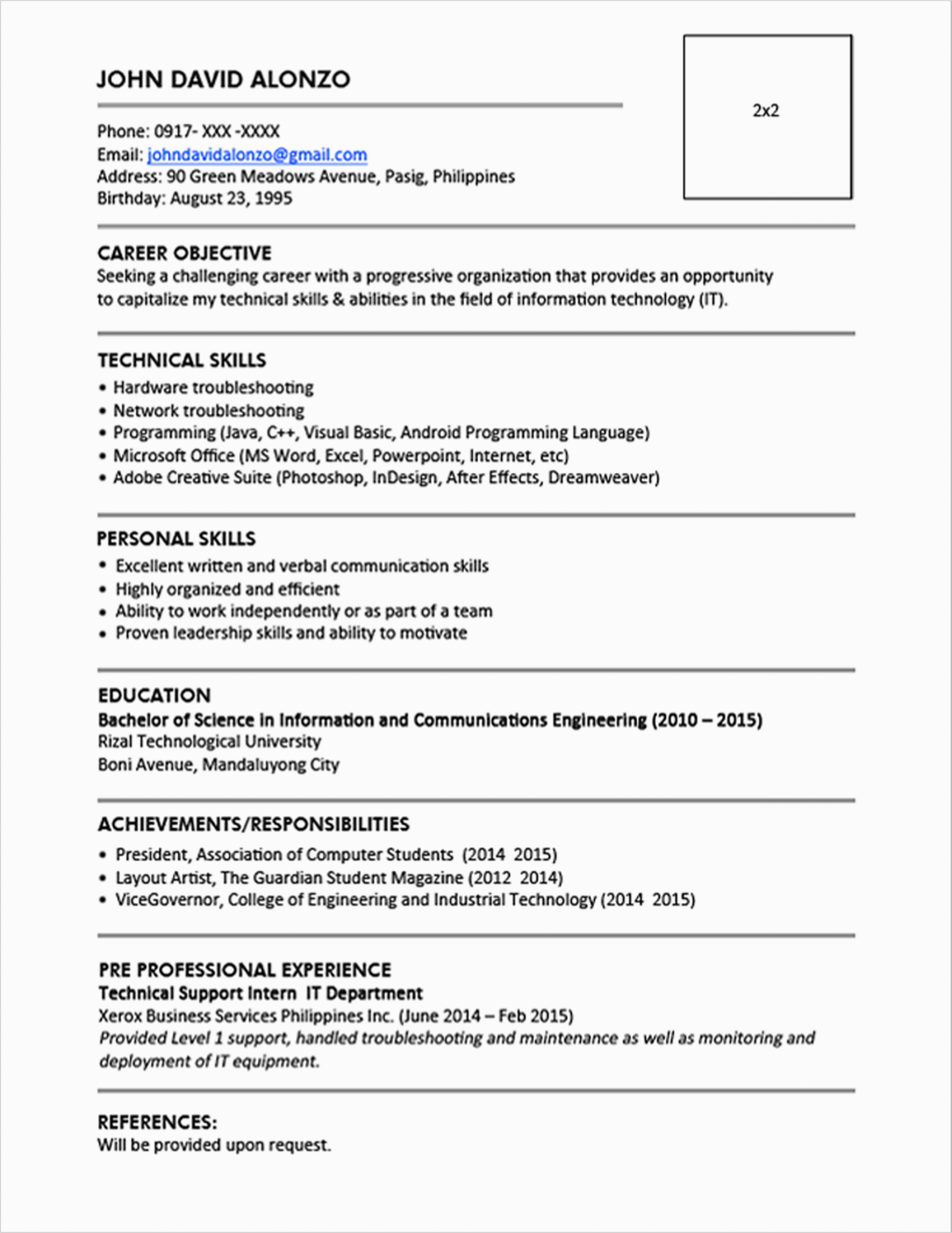 Engineering Resume Sample for Fresh Graduate Student Sample Resume for Fresh Graduate Engineering