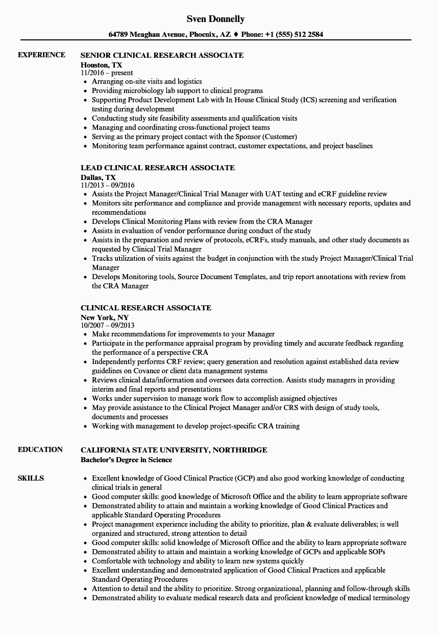 Entry Level Clinical Research associate Resume Sample Clinical Research associate Job Description Resume Free