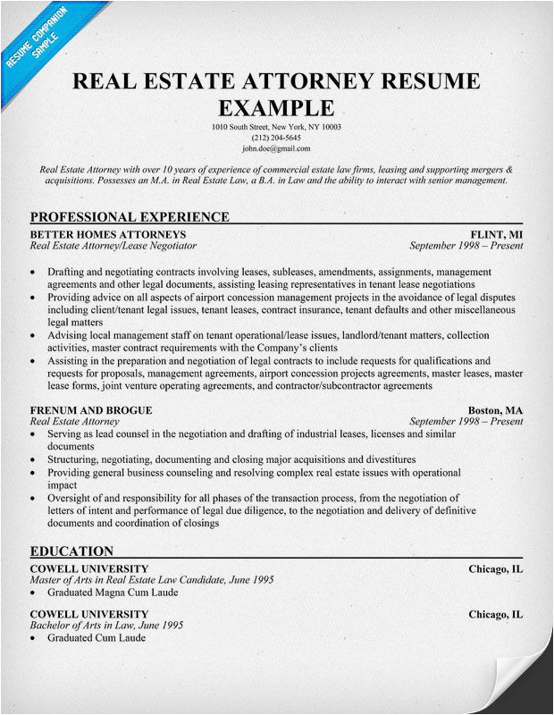 Experienced Real Estate attorney Resume Samples Real Estate attorney Resume Example