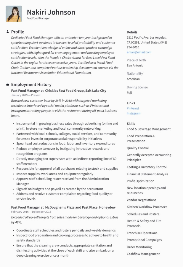 Fast Food assistant Manager Resume Sample Fast Food assistant Manager Resume