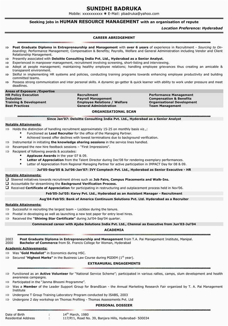 Hr Resume Sample for 4 Years Experience for 4 Years Experience In Hr Hr Resume Sample for 4 Years Experience for 4 Years Experience In Hr