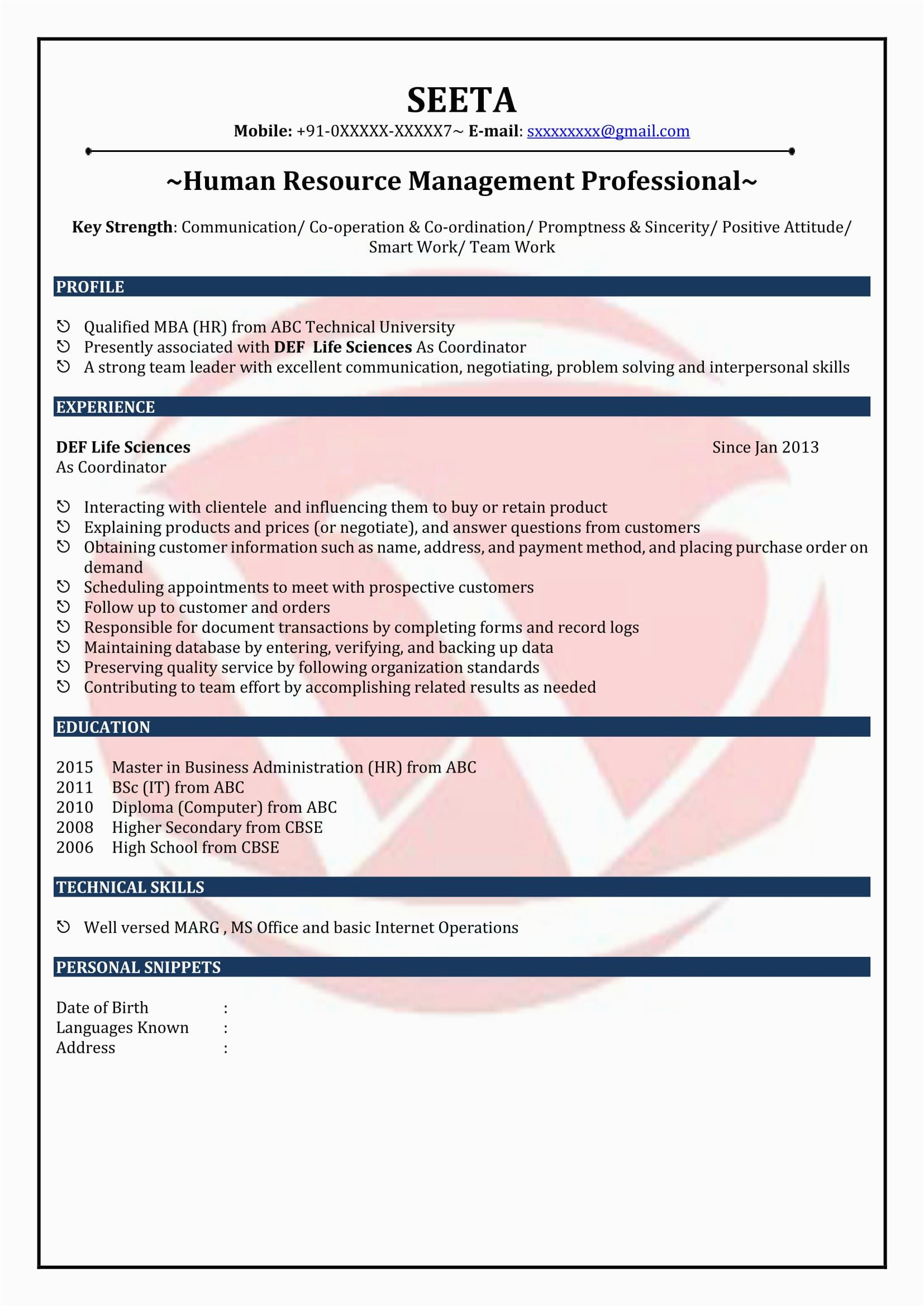 Hr Resume Sample for 4 Years Experience Resume format for 4 Years Experience In Hr Resume