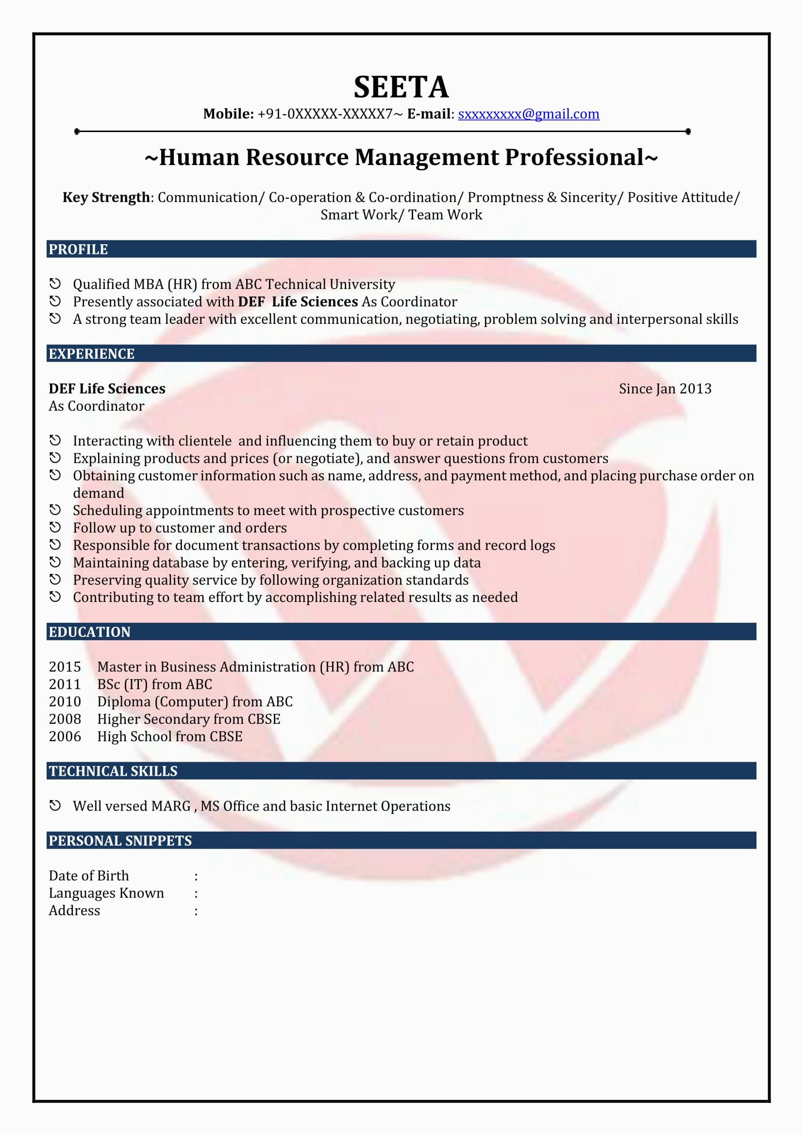 Hr Resume Sample for 4 Years Experience Resume format for 4 Years Experience In Hr Resume Hr Resume Sample for 4 Years Experience Resume format for 4 Years Experience In Hr Resume