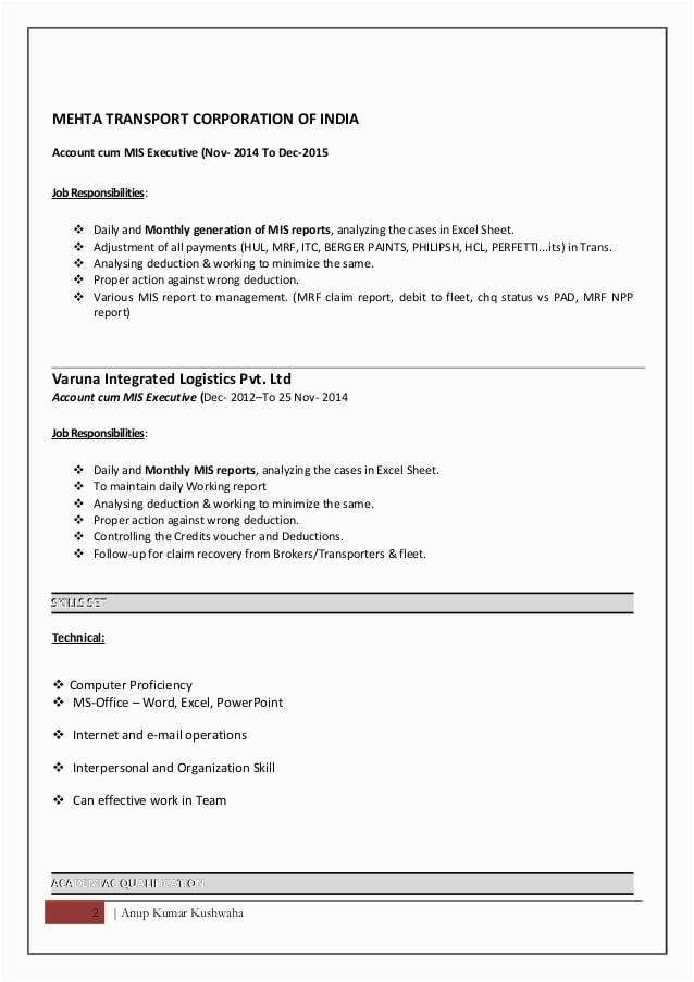 Mis Executive Resume Sample In India Resume format for Mis Executive
