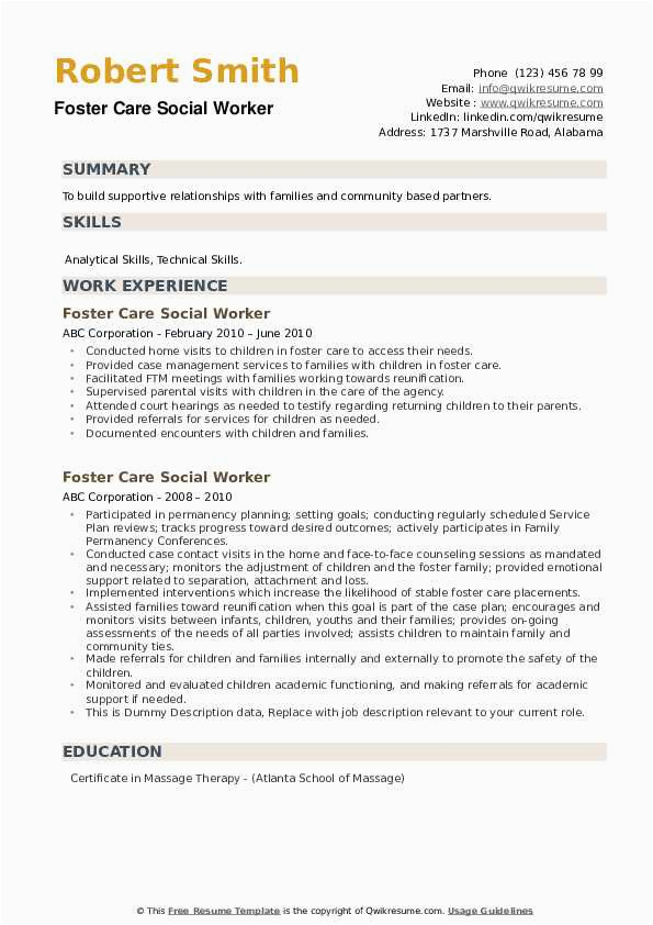 Nursing Home social Worker Resume Sample Foster Care social Worker Resume Samples
