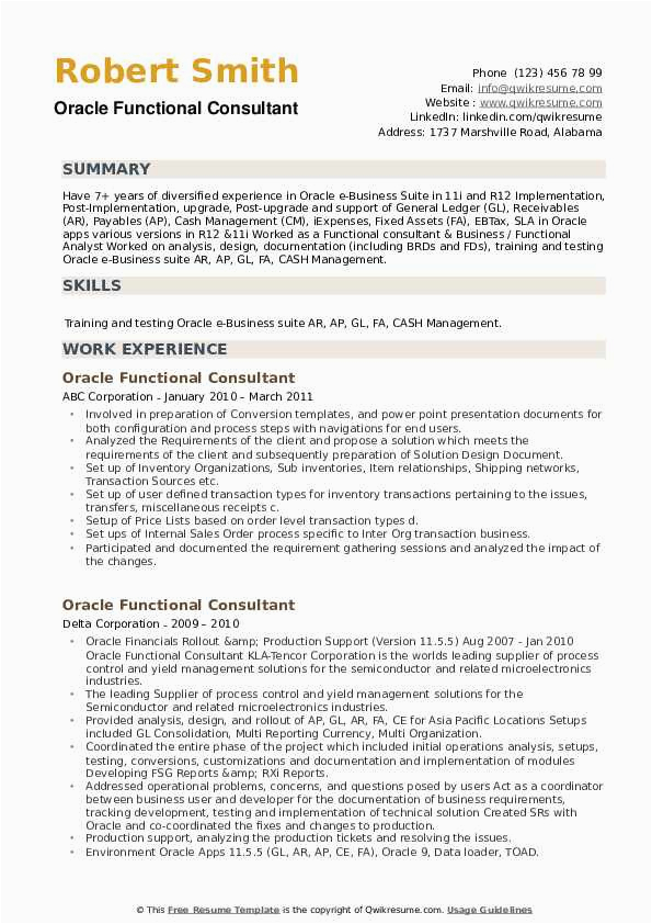 Oracle Apps Functional Consultant Resume Sample oracle Functional Consultant Resume Samples