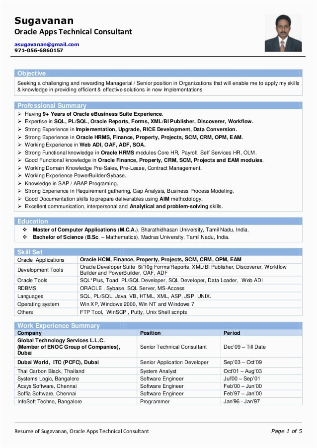 Oracle Apps Functional Consultant Resume Sample Resume Of Sugavanan oracle Apps Technical Consultant
