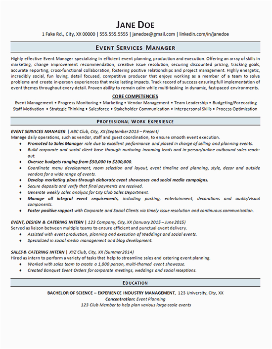 Resume Sample for event Management Company event Manager Resume Example event Planning Services