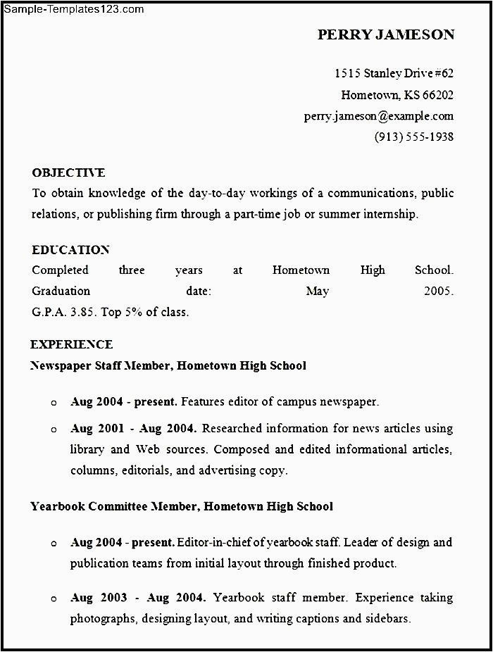Sample High School Student Resume for Summer Job High School Resume for Summer Job Sample Templates