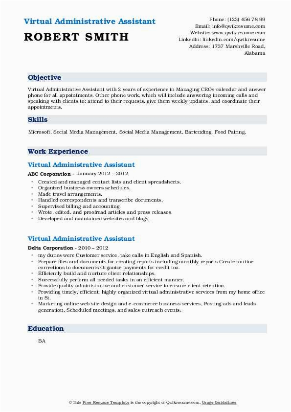Sample Objectives In Resume for Virtual assistant Virtual Administrative assistant Resume Samples