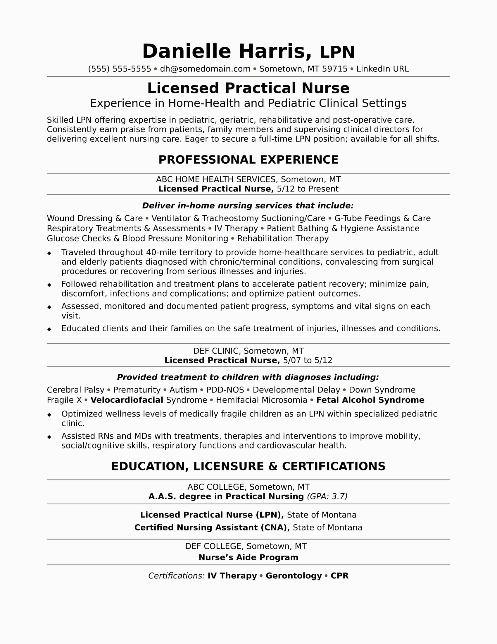 Sample Resume for A Nurse Position Licensed Practical Nurse Resume Sample