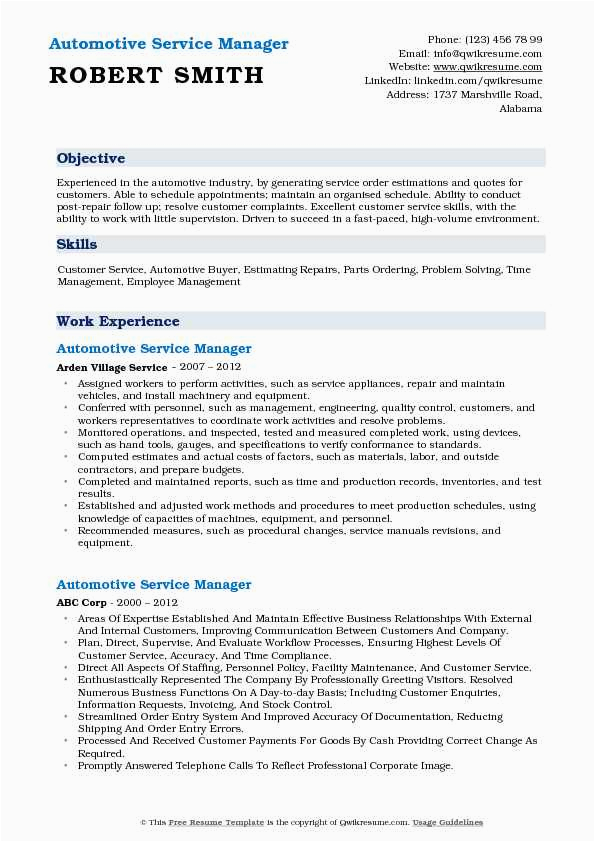 Sample Resume for Auto Parts Manager Automotive Service Manager Resume Samples