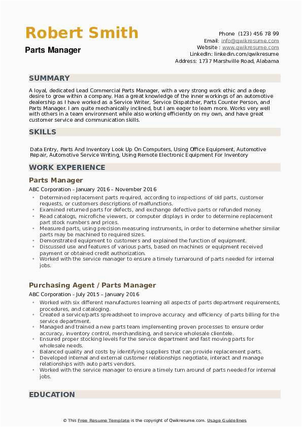 Sample Resume for Auto Parts Manager Parts Manager Resume Samples