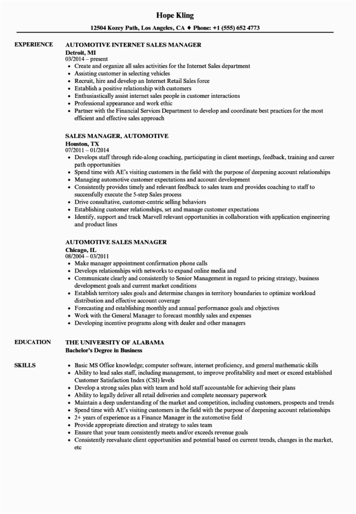 Sample Resume for Automobile Sales Executive Automotive Car Auto Sales Manager