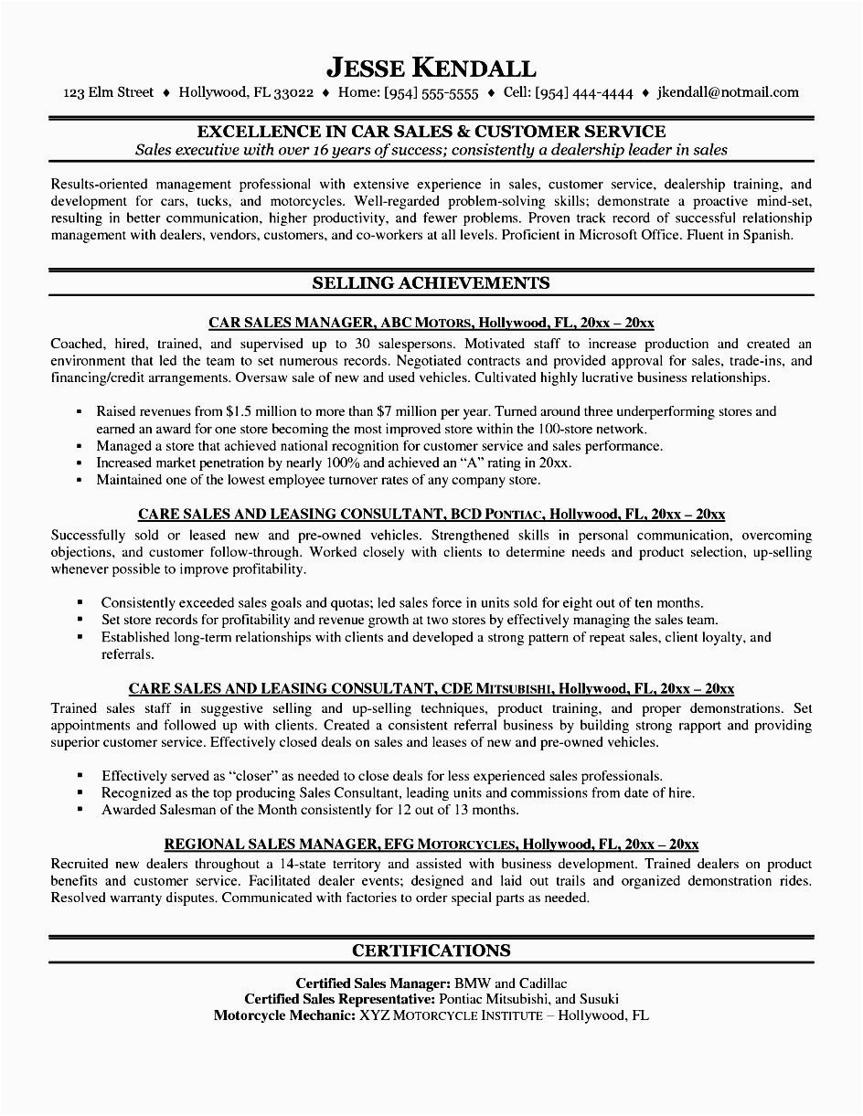 Sample Resume for Automobile Sales Executive Car Sales Executive Resume