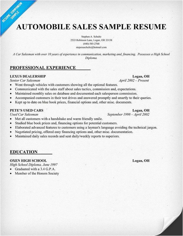 Sample Resume for Automobile Sales Executive Car Sales Resume Examples Elegant Automobile Sales Resume