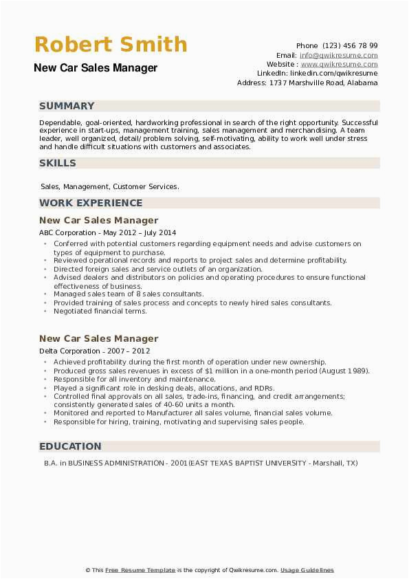 Sample Resume for Automobile Sales Executive New Car Sales Manager Resume Samples