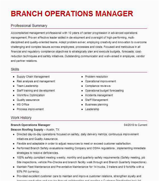 Sample Resume for Branch Operations Manager Branch Operations Manager Resume Example Wesco