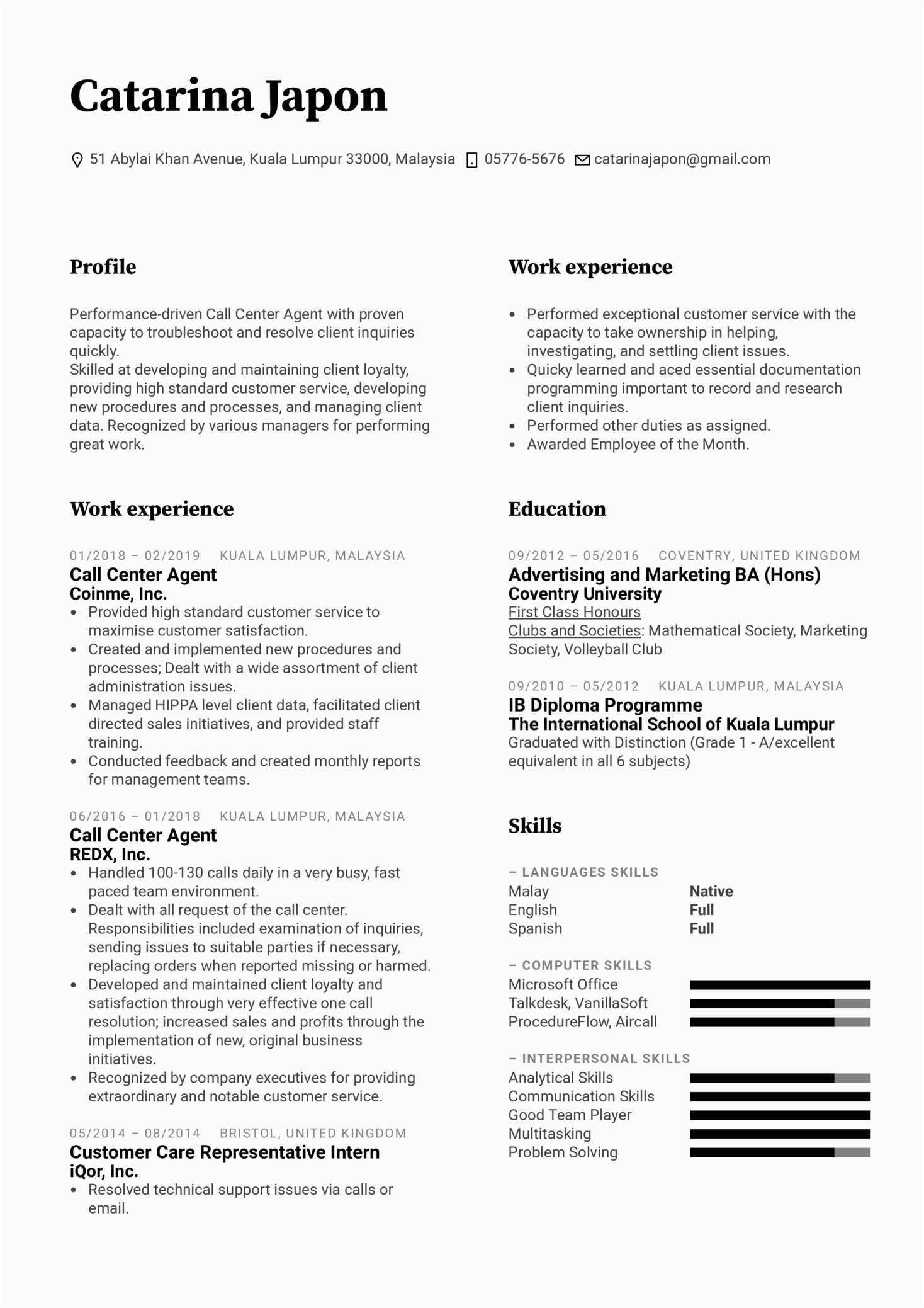 Sample Resume for Call Center Agent with Experience Call Center Agent Resume Template