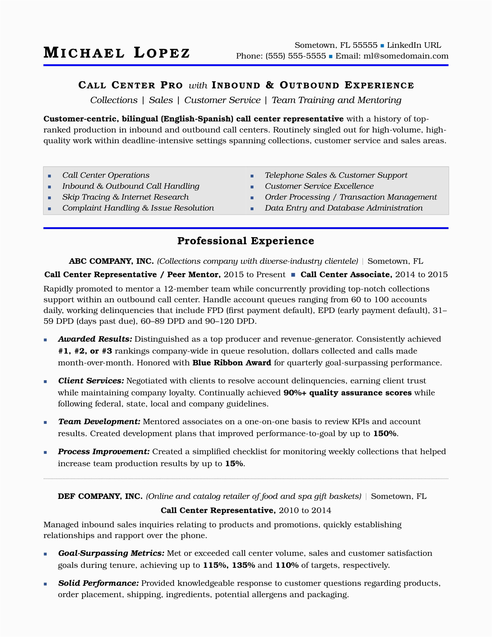 Sample Resume for Call Center Agent with Experience Call Center Resume Sample