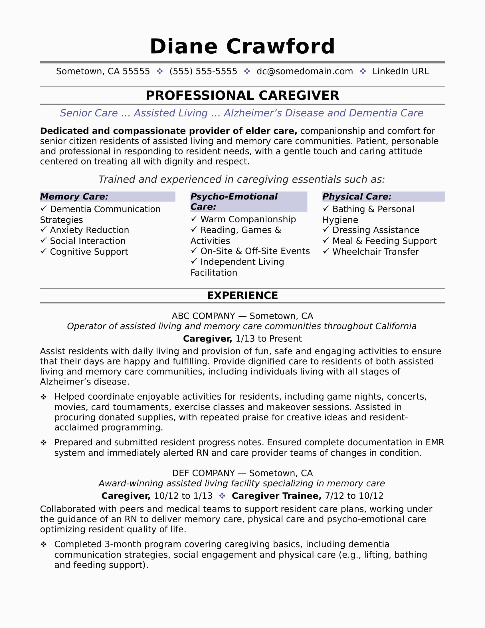 Sample Resume for Caregiver Position Elderly Caregiver Resume Sample