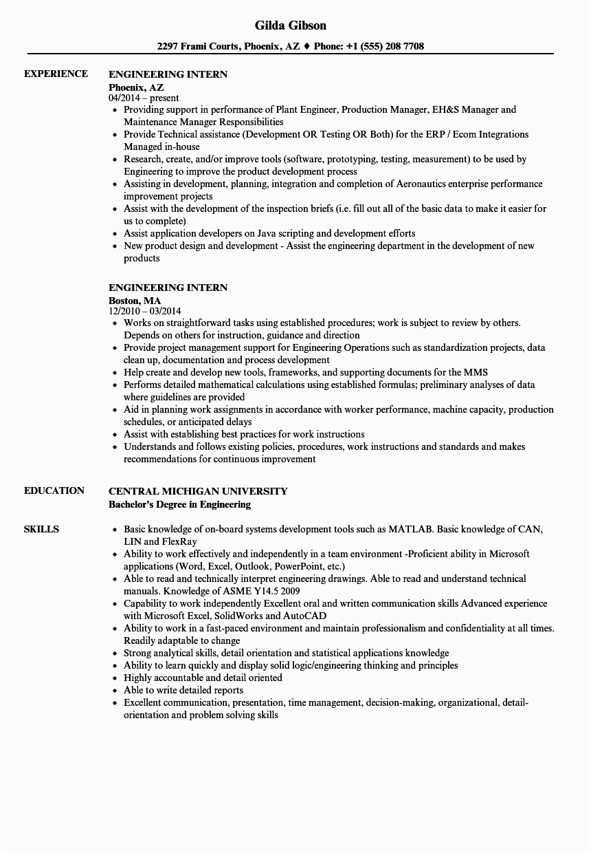 Sample Resume for Chemical Engineering Internship Biomedical Engineering Internship Resume Sample