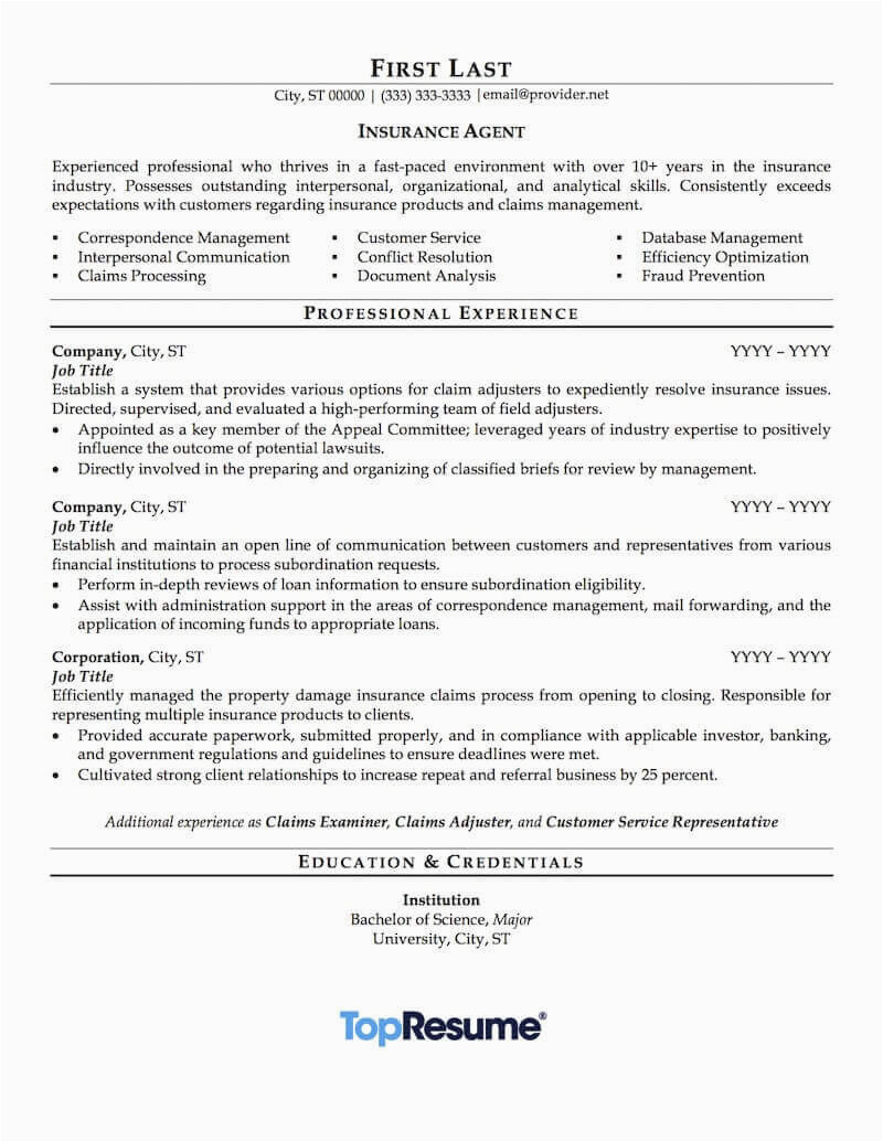 Sample Resume for Experienced Insurance Professional Insurance Agent Resume Sample
