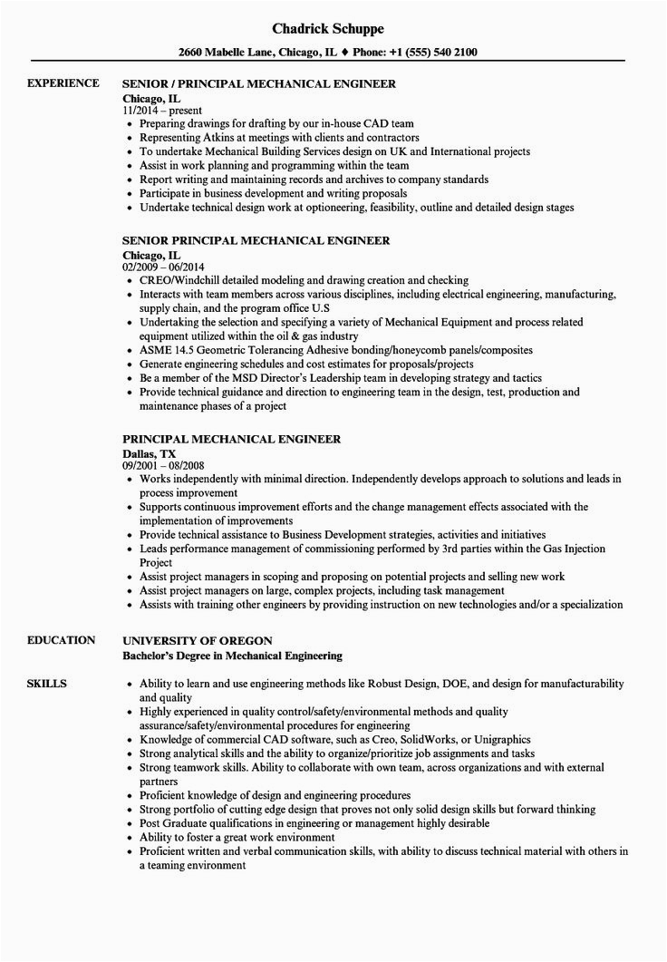Sample Resume for Experienced Mechanical Engineer Experienced Mechanical Engineer Resume Unique Principal