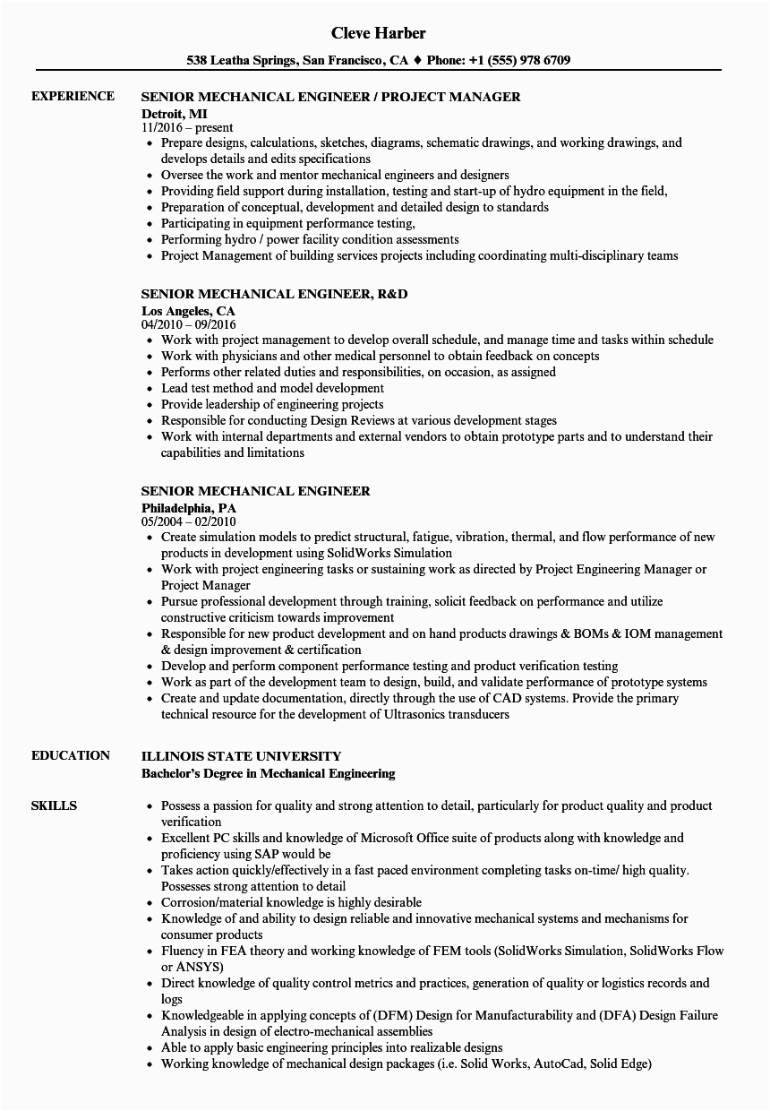 Sample Resume for Experienced Mechanical Engineer Free Download Job Resume for Mechanical Engineers