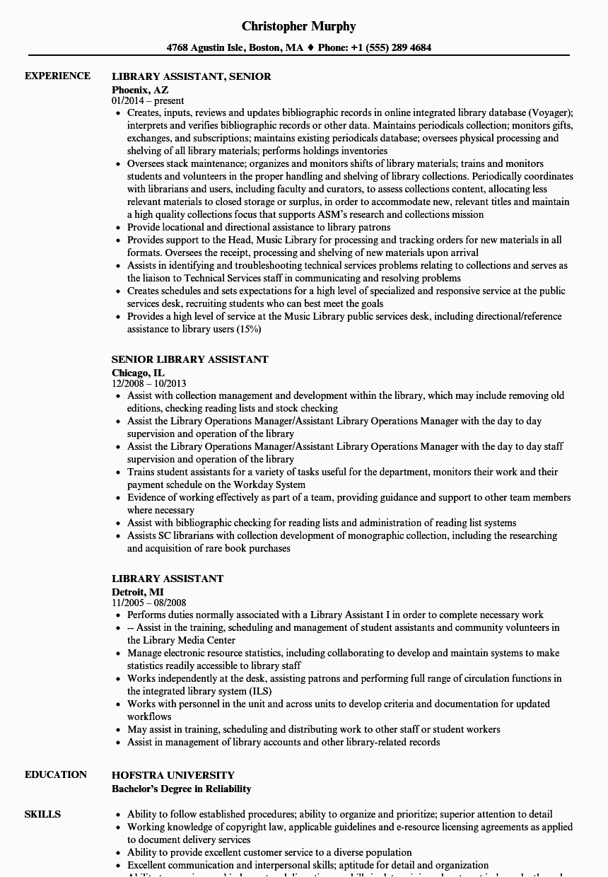 Sample Resume for Library assistant with No Experience Library assistant Resume Examples Best Resume Examples
