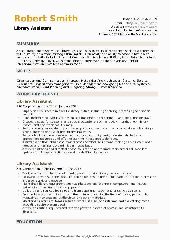 Sample Resume for Library assistant with No Experience Library assistant Resume Template