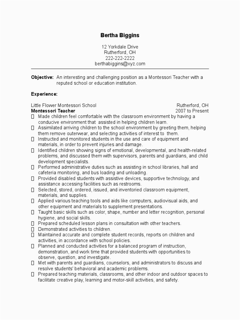 Sample Resume for Montessori Teacher Fresher Montessori Teacher Resume Sample 5