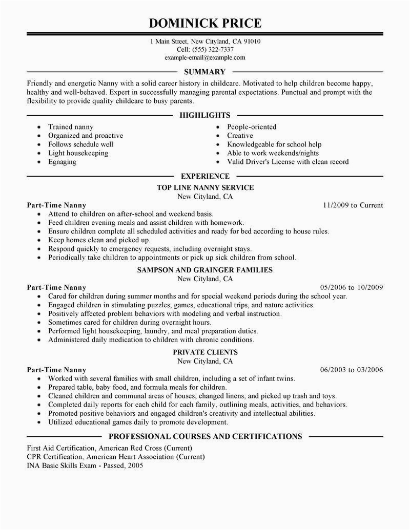 Sample Resume for Nanny In Canada Part Time Job Resume Student In Canada Perfect Resume
