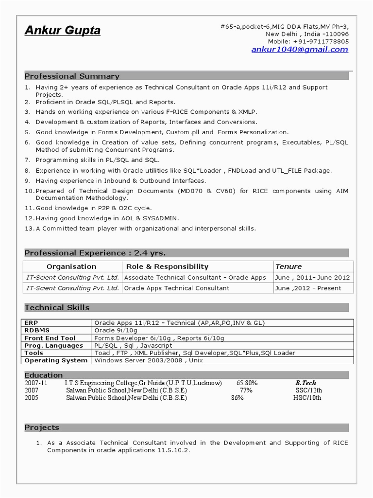 Sample Resume for oracle Apps Technical Consultant Ankur Gupta Resume oracle Apps Technical Consultant