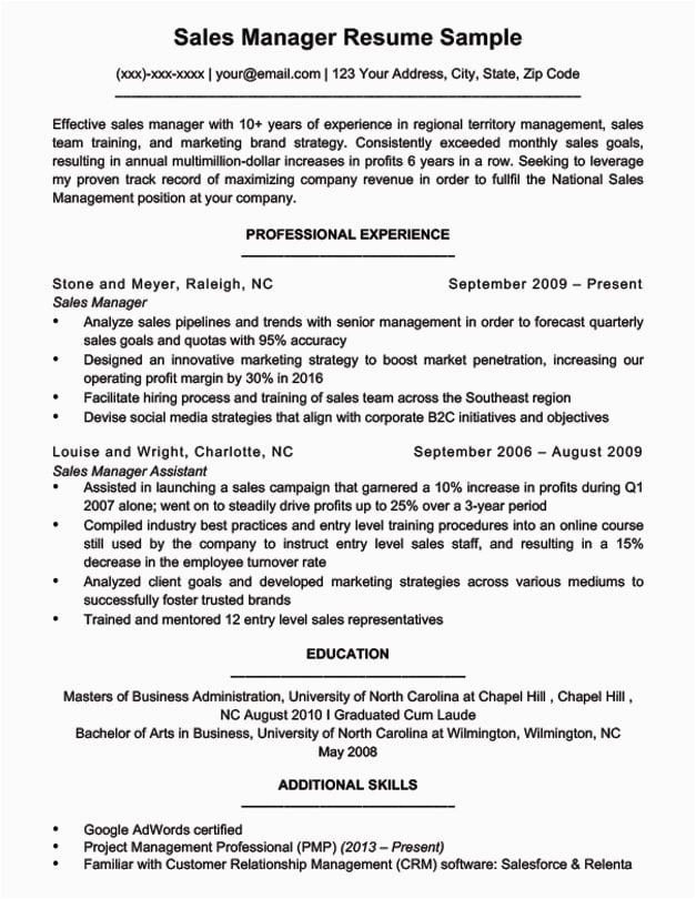 Sample Resume for Sales Manager Position Sales Manager Resume Sample & Writing Tips